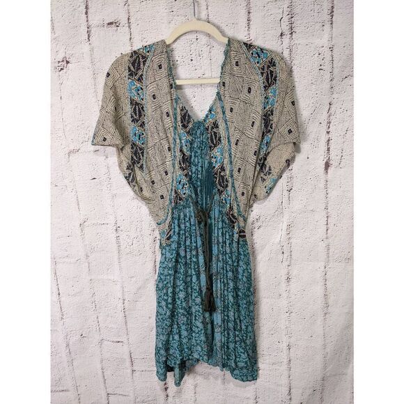 Free People Wild World Mini Dress Tapestry Boho Floral Paisley Kimono Sleeveless - Picture 4 of 9
